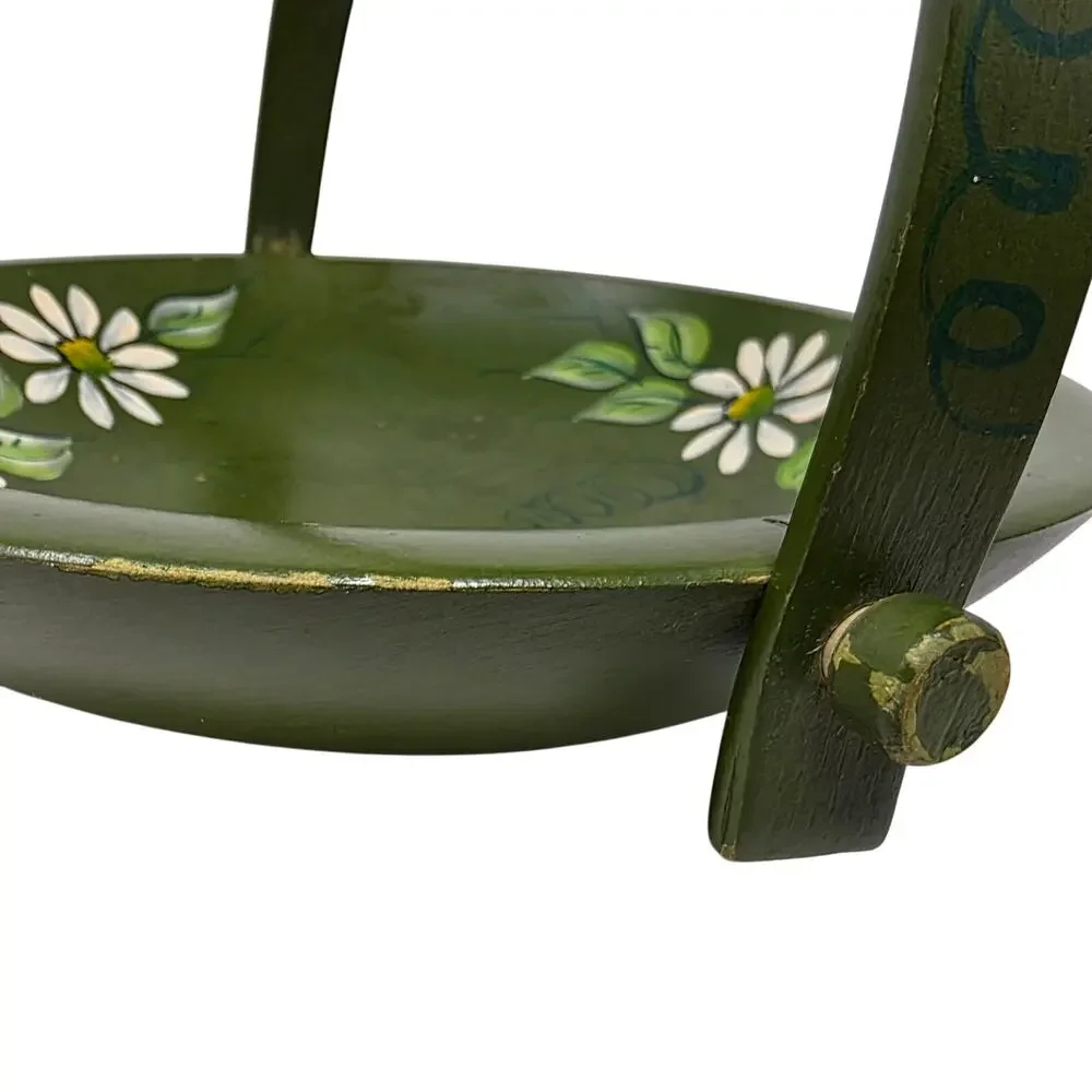 Vintage Hand Painted Wood Basket Green Daisy Folk Art Swing Handle